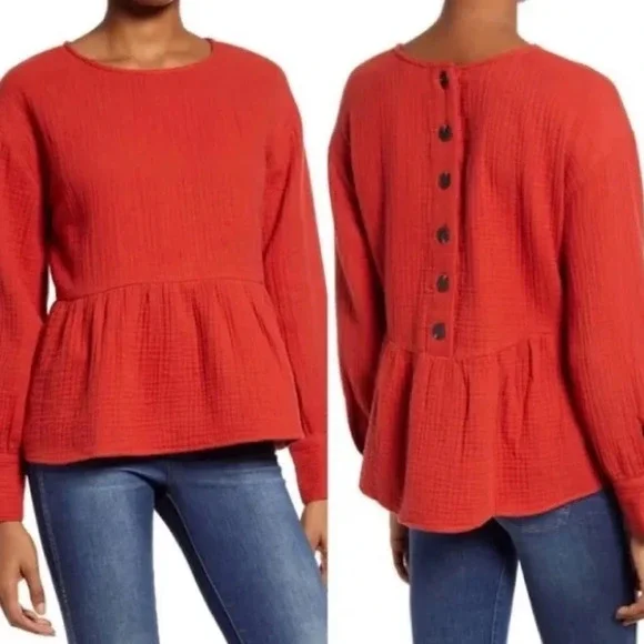 Madewell LightSpun Button Back Peplum Top Size XS - Picture 2 of 11